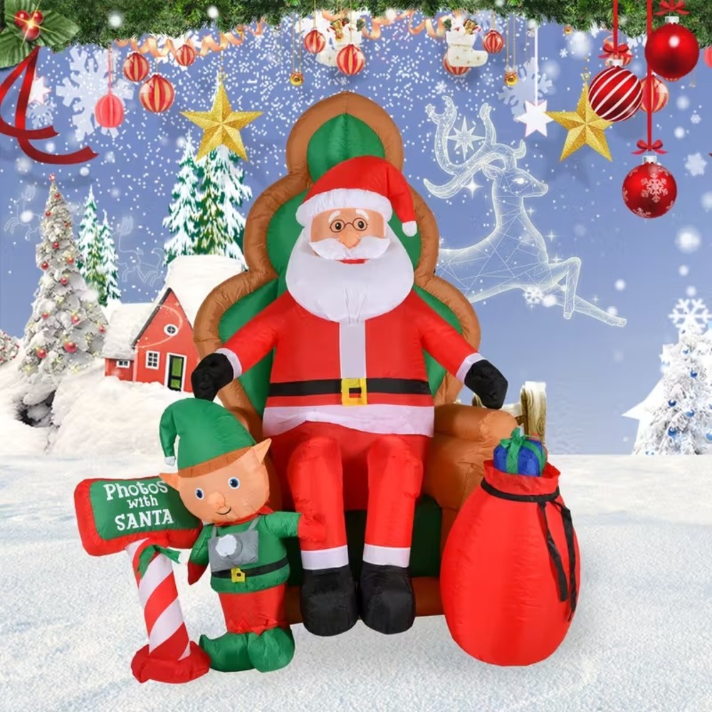 Christmas Inflatable Santa Claus on Chair with Elf Built-in LED Light Blow up